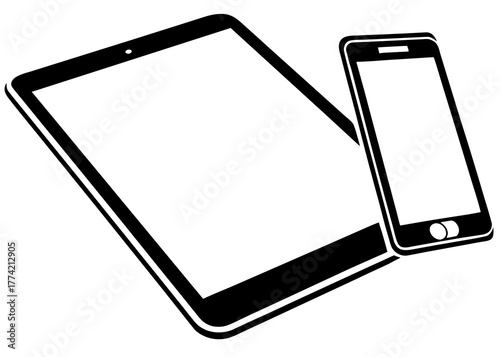 Black and white icon of a tablet and smartphone