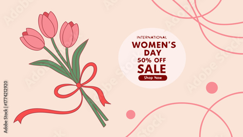 International women s day sale with pink tulips and ribbon