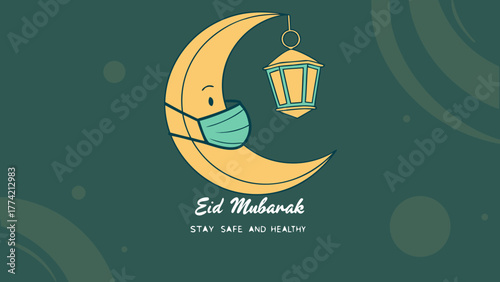 Eid mubarak crescent moon wearing face mask with lantern