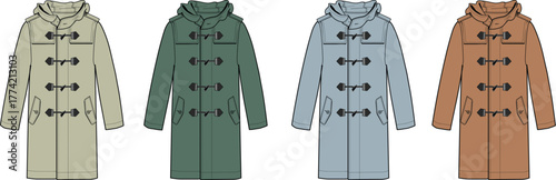 Set of four illustrated duffle coats in different neutral colors, showcasing classic design with toggle closures and hoods for versatile outerwear options