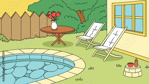 Sunny backyard oasis with pool and lounge chairs