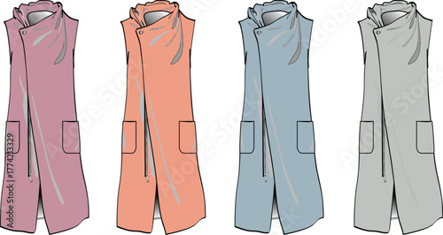 Vector fashion illustration set displaying a stylish sleeveless wrap vest design, highlighting its draped neckline and functional pockets, available in four distinct colorways