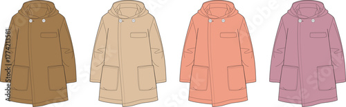 Technical flat vector illustrations of a contemporary hooded jacket design, showcasing various color options for fashion apparel production and design presentations
