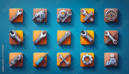 Flat vector set of tools and service icons including wrench, screwdriver, and gear for repair or settings design.