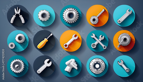 Flat vector set of tools and service icons including wrench, screwdriver, and gear for repair or settings design.
