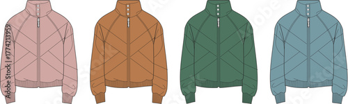Vector illustration set of colorful puffer jackets. Fashion design technical drawing of winter outerwear apparel concept