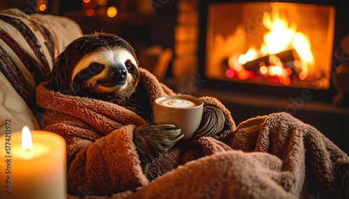 Cozy sloth bear enjoys warm cocoa by fireplace in fluffy robe relaxation