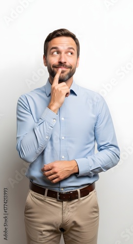 A man with a beard, wearing a light blue shirt and khaki pants, standing against a white background with his hand on his chin, looking up thoughtfully.