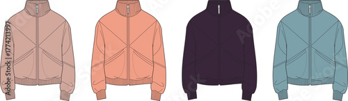 Technical flat sketch of a long sleeve training top in multiple colors. Apparel design vector illustration set