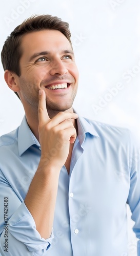 A man in a blue shirt, smiling and touching his chin with his finger, looking up and to the side.