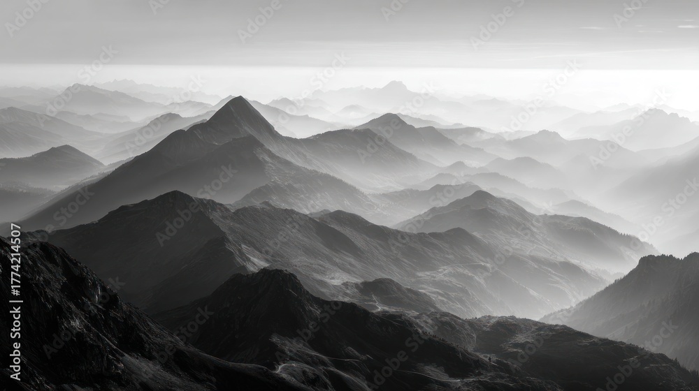 Obraz premium Dramatic monochrome mountain range landscape with layered peaks and mist