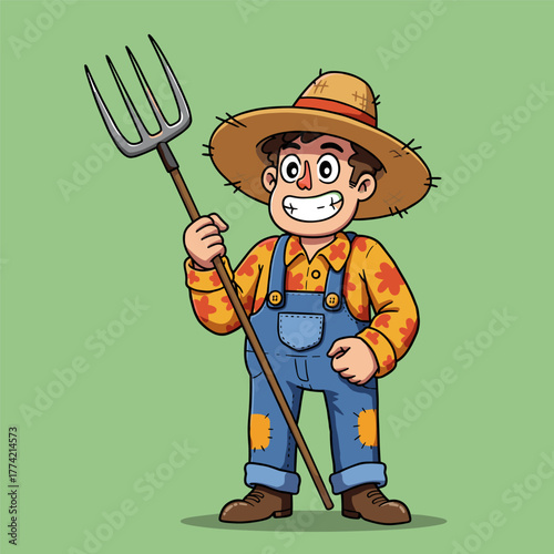 A smiling cartoon farmer in overalls and a straw hat holding a pitchfork on a green background.