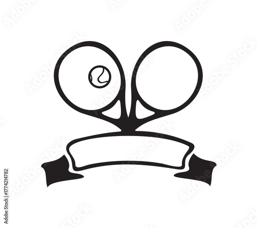 Black and white graphic of tennis rackets, ball, and banner.