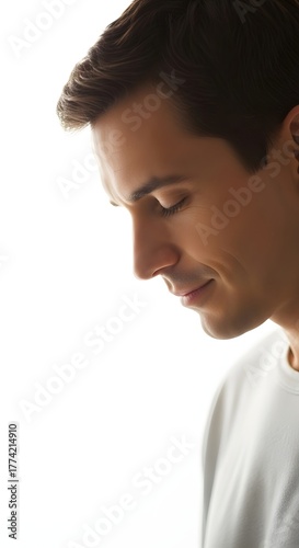 A young man with short brown hair, wearing a white t-shirt, looking down with a slight smile on his face, against a white background.