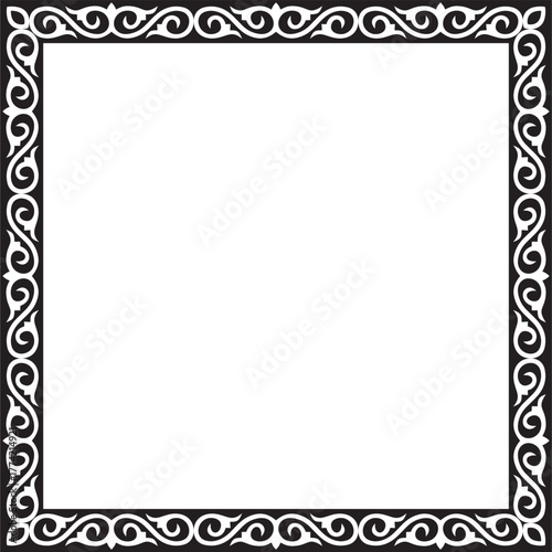 Vector black monochrome square Kazakh national ornament. Ethnic pattern of the peoples of the Great Steppe,