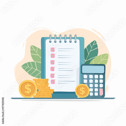 家計簿と節約をテーマにしたお金のベクター