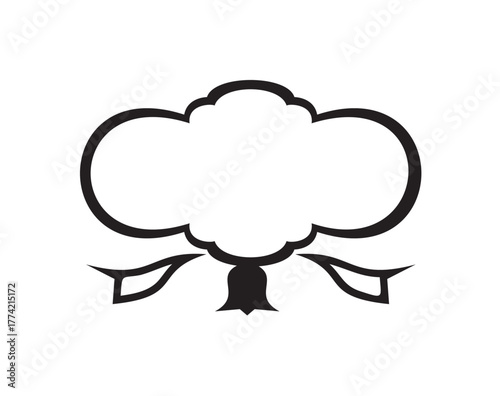 A stylized, black and white cotton boll illustration with a ribbon element below.