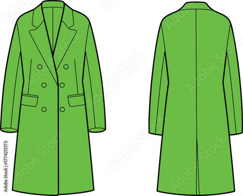Green overcoat flat sketch, technical fashion drawing, apparel design template, front and back view, double breasted, notched lapel, flap pockets illustration