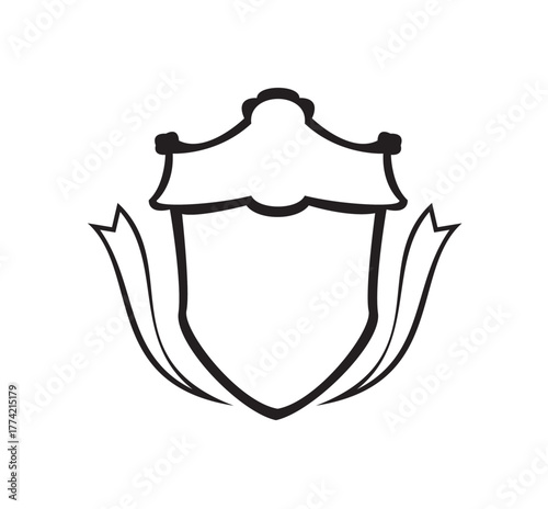 A simple, outlined coat of arms design with a shield shape and decorative ribbons.