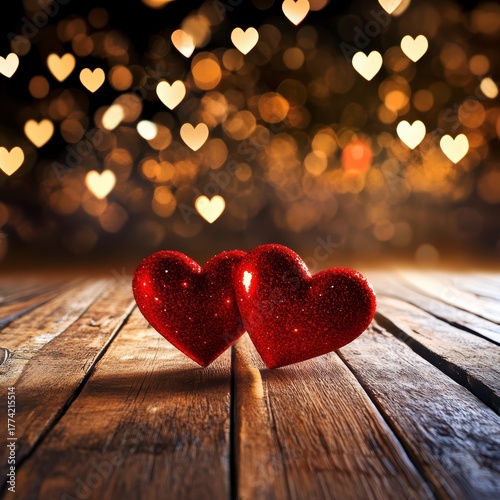 Romantic heart-shaped glittering decor cozy indoor setting image of love warm atmosphere close-up approach