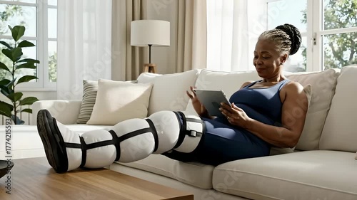 Senior Woman Using Leg Compression Boots and Tablet on Sofa