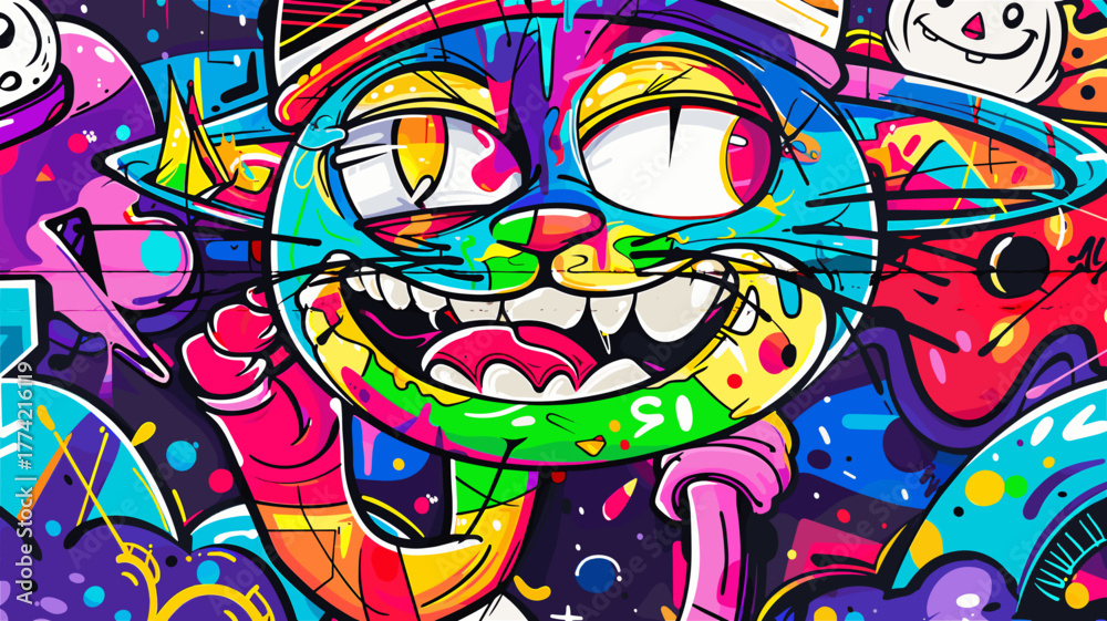 Obraz premium カラフルなグラフィティ壁画の遊ぶ猫と雪だるまのイラスト