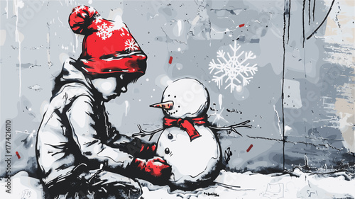 スタイルの子どもが雪だるまを作るグラフィティ壁画