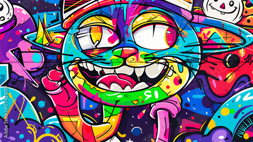 カラフルなグラフィティ壁画の遊ぶ猫と雪だるまのイラスト