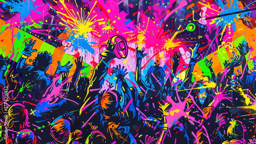 夜のコンサートで踊る音楽ファンのカラフルなグラフィティ壁画
