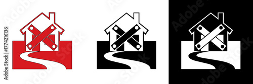 House with cross icon – A house marked with a large red X, symbolizing restriction, closure, or prohibition, available in color, black, and white designs.