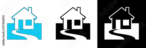 A cozy house with a curved pathway, representing home or real estate, available in color, black, and white versions.