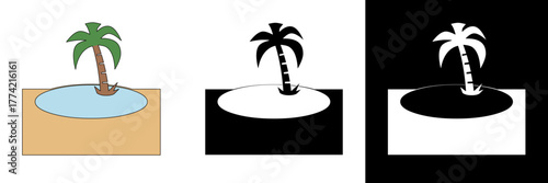 A tropical island with water and a leaning palm tree, symbolizing vacation or relaxation, shown in three visual modes.