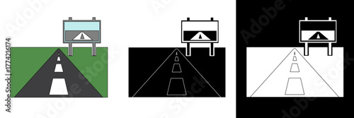 A road leading to a highway sign, representing travel or navigation, displayed in color, black, and white styles.