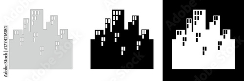 A minimalist cityscape with tall buildings and windows, shown in grayscale, black, and white versions for versatile design use.