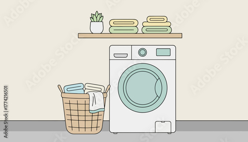 Laundry Room Vector Illustration in Outline and Fill Hybrid Style with Washing Machine, Towels, and Basket”