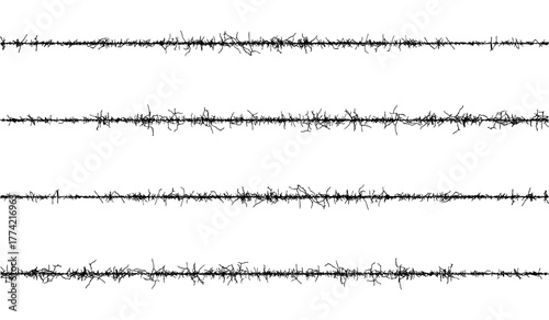 set of barbed wire frame, a black and white image of a tree with branches, barbed wire background with black and white lines, a set of four different sound waves, 