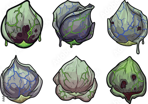 Creepy toxic buds with glowing veins and dripping slime, spooky alien plant seed vector illustration set for horror, fantasy, and Halloween designs