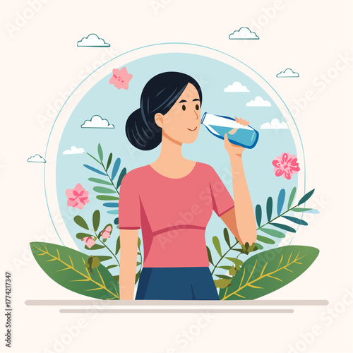 水分補給と健康生活を描いたベクターイラスト