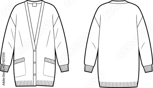 Long cardigan flat sketch, technical fashion drawing, apparel design template, front and back view, button closure, patch pockets, ribbed cuffs illustrationLong 