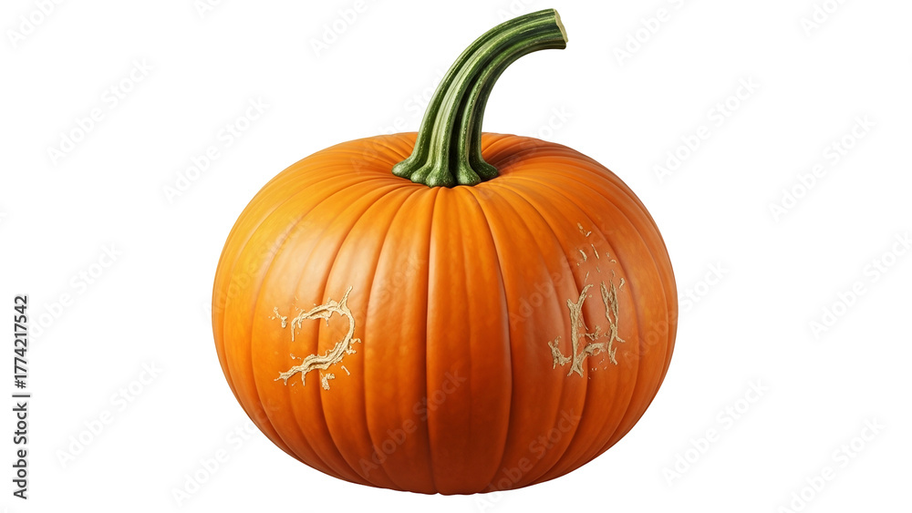 Obraz premium Orange Pumpkin with Green Stem on Transparent Background for Autumn Fall Seasonal Decor