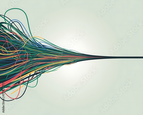 Abstract colorful tangled lines converging into a single point