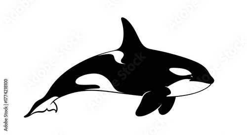 Elegant Black and White Silhouette Icon of a Swimming Orca Whale