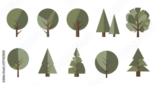 Stylized Flat Design Tree Vector Set - Diverse Green Deciduous and Coniferous Trees