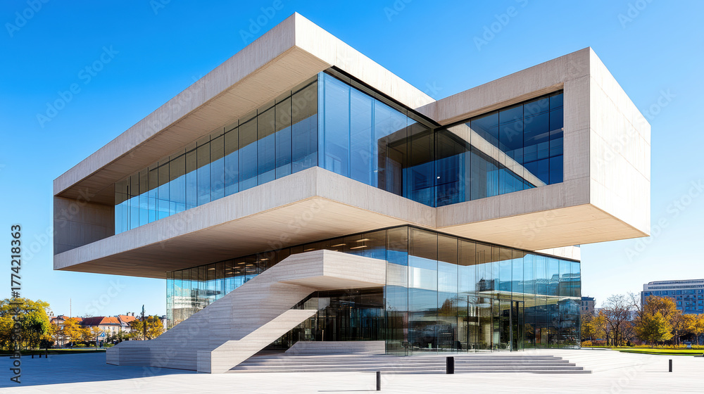 Fototapeta premium Modern building with cantilevered design, featuring large glass windows and striking facade