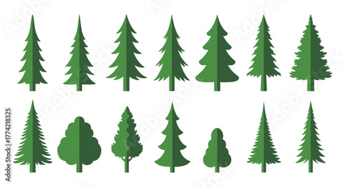 Flat Design Coniferous Pine and Fir Tree Set Vector Illustration