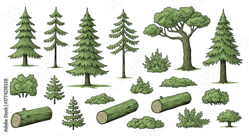 Vintage Engraving Style Forest Elements - Trees, Bushes, and Logs Vector Set