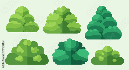 Flat Design Green Bushes and Shrubs Vector Set Illustration