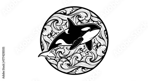 Ornate Killer Whale Orca Circle Emblem Vector Illustration with Stylized Ocean Waves