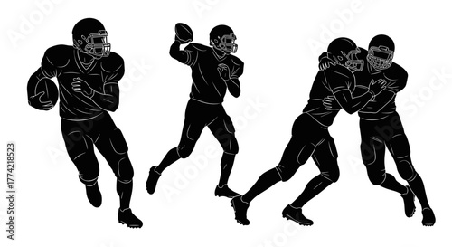 American Football Players Silhouettes Vector Set Running Throwing Tackling