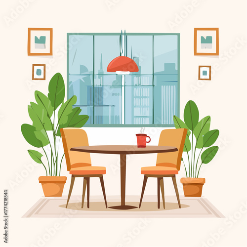 カフェ風インテリアとコーヒータイムのベクター